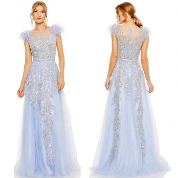 NWT Mac Duggal 20520 High Neck Feather Beaded Maxi Gown Size 12 Periwinkle
